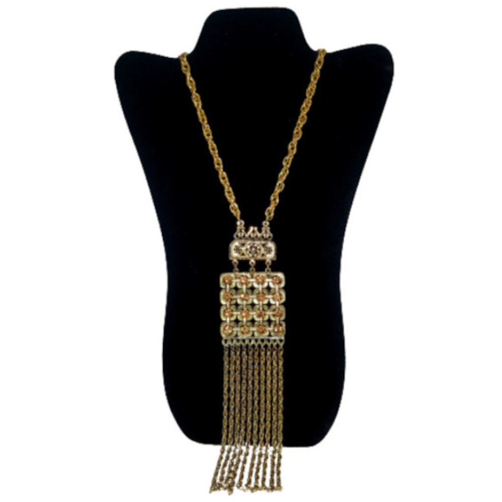 Vtg 60s 70s Goldette Antique Gold Tone Amber Crystal Pendant Necklace
